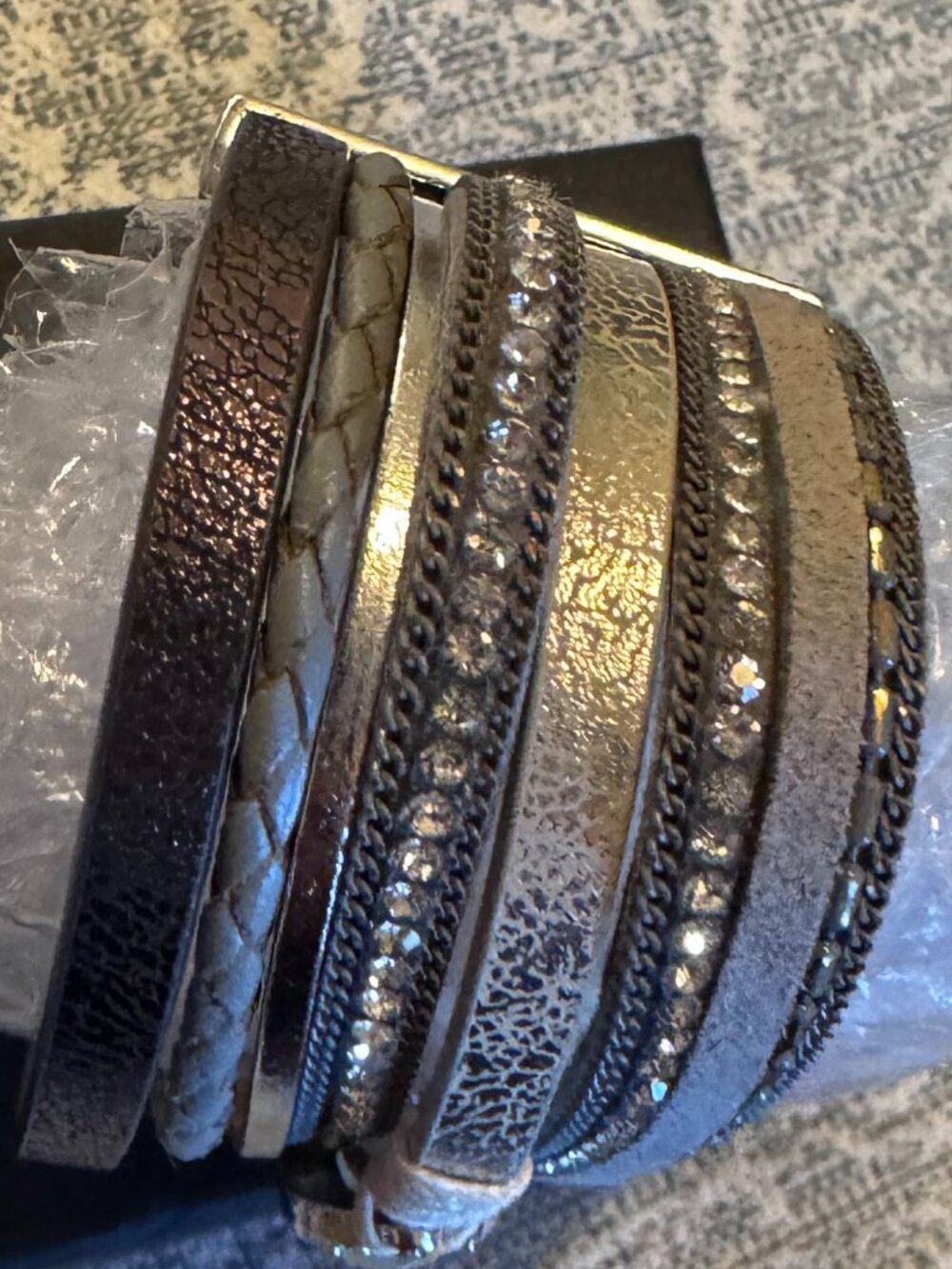 SAACHI Reno Rhinestone Multi-Strand Leather Magnetic Cuff Bracelet - Worn once - Picture 4 of 12
